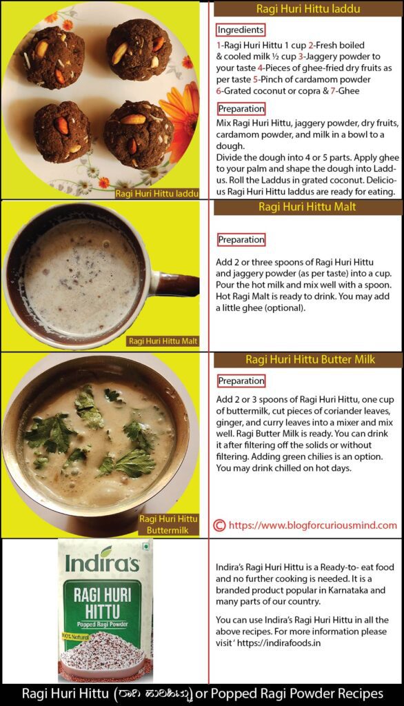 Ragi Huri Hittu or Popped Ragi Powder Recipes